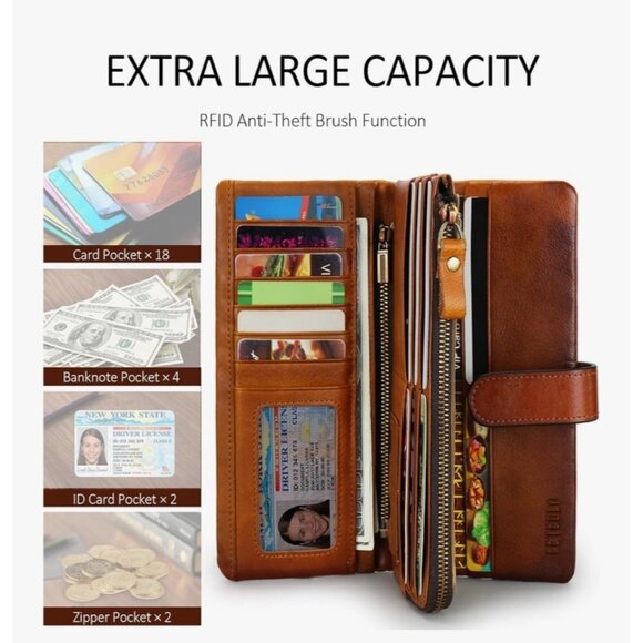 Genuine Leather Brown Zip Wallet With Card Slots & ID Window By Leteulo - Picture 2 of 12